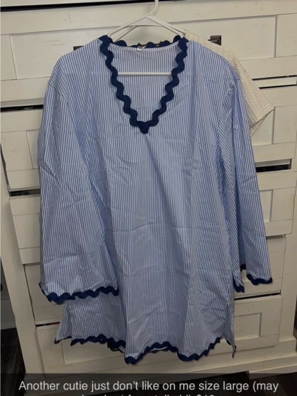 Blue Pinstripe dress with Navy Scallop Trim